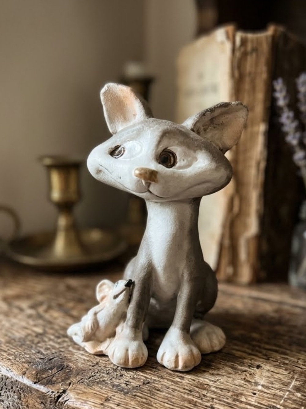 Hand-Painted Gray Ceramic Cat with Mouse Figurine 
Kitschy